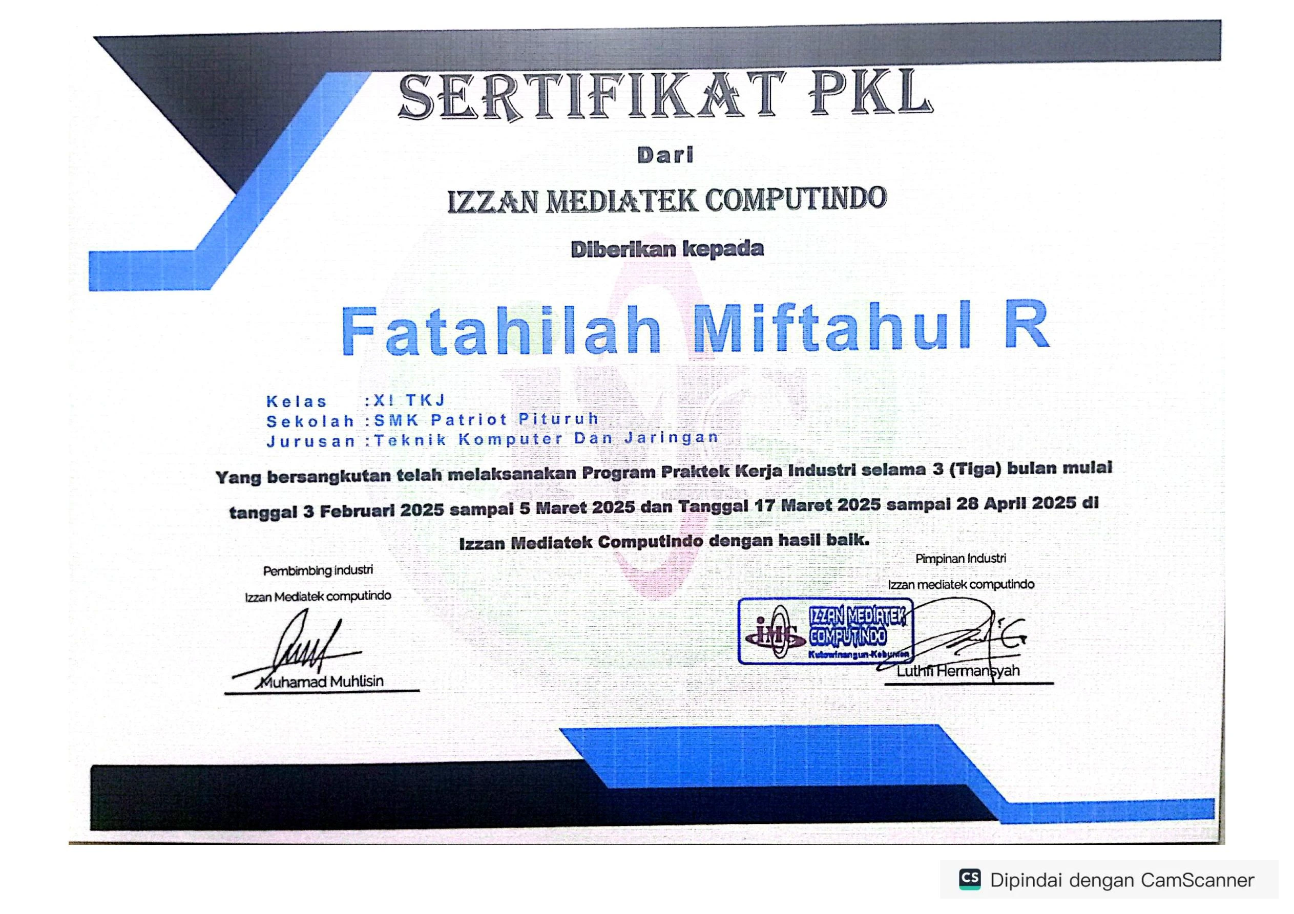 Sertifikat PKL Izzan Mediatek Computindo - Depan